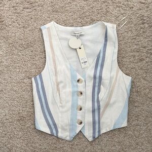Francesca's Collections Striped Button-Up Vest - White, Blue, and Tan